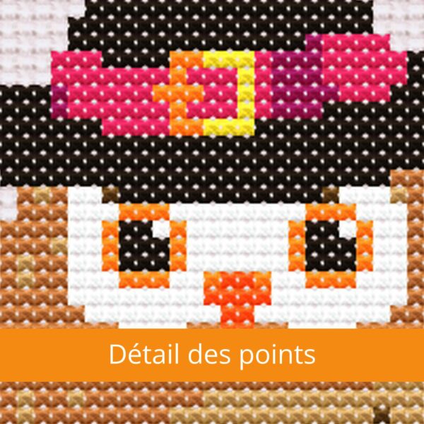détail des points Chouette d'Halloween avec chapeau