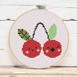 présentation toile point de croix Cerises kawaii